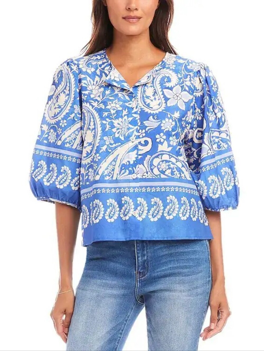 NWT Karen Kane Puffed Sleeve Blue and White Paisley Button Cotton MED Blouse